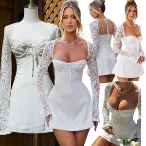 🆕 BABYBOO 🧿 NWOT Jacinta Long Sleeve Lace Mini Dress, White - Sz XS